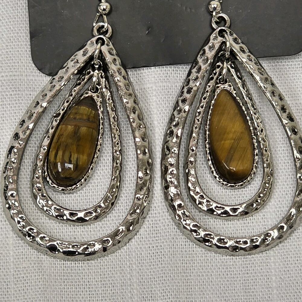 Paparazzi Tiger Eye Teardrop Hoop Earrings Silver Tone Boho Dangle NWT